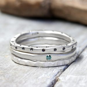 Ringset aus 925 Silber mit Diamant, Punktering und Ring mit Struktur, dreiteilig