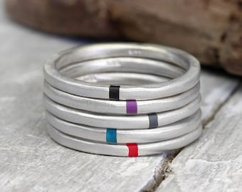 Stacking ring with colored stripes, No. 182, ring made of 925 silver, organic shape