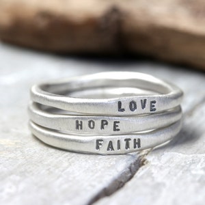 925 Silver Rings Set Faith Love Hope Personalized Engraved Rings Stacking Rings Organic Shape Gifts For Her