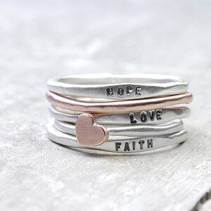 Love ring set made of 925 silver and 333 red gold, silver rings with engraving, ring with heart, stacking rings image 5