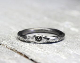 Silver ring stacking ring XL 3 mm with embossed heart No.24, heart ring, blackened