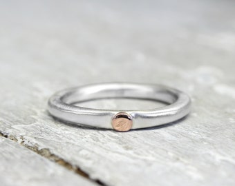 Silver ring XL 3 mm No. 23, with red gold dot, organic shape, unisex, stacking ring