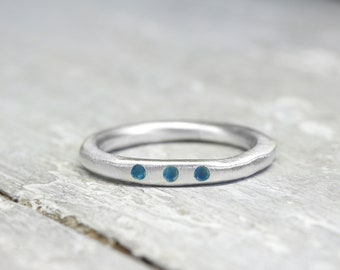 Silver ring XL 3 mm, forged, No. 29, with turquoise color dots, organic shape, stacking ring