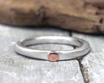 Silver ring XL 3 mm No. 23, with red gold dot, organic shape, unisex, stacking ring