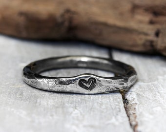 Silver ring stacking ring XL 3 mm with embossed heart No.24, heart ring, blackened