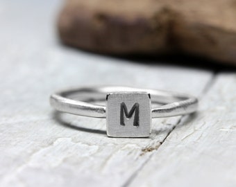 Stacking ring with embossed letter, no. 129, 925 sterling silver ring, personalized jewelry with engraving