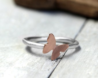 Silver ring with butterfly made of 333 red gold, no. 115, stacking ring 925 sterling silver, jewelry, gifts for her