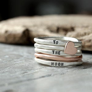 Love ring set made of 925 silver and 333 red gold, silver rings with engraving, ring with heart, stacking rings image 3