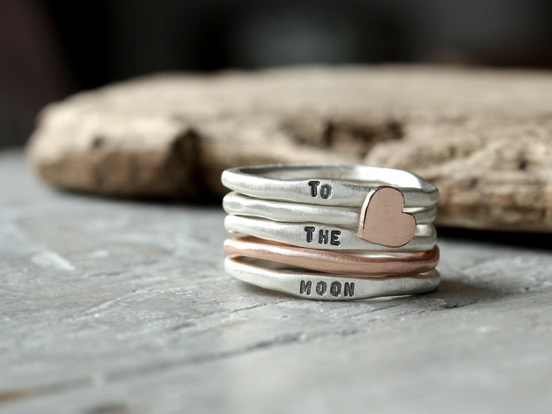 Love ring set made of 925 silver and 333 red gold, silver rings with engraving, ring with heart, stacking rings image 3