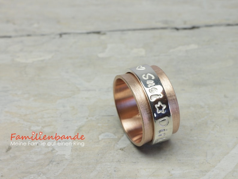 Rotating ring, game ring, family ring family ties LUXERY 333 red gold 8k with 925 silver writing band, stamped, personalized with name image 5