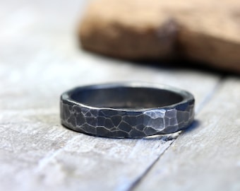 Band ring no. 10 made of 925 silver, hammered blackened, vintage look