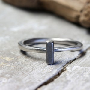 Könnte beinhalten: Ein silberfarbener Ring mit vertikalem Stangendesign. Der Ring hat eine schlichte, moderne Ästhetik mit leicht strukturierter Oberfläche. Der Stab ist mittig auf dem Band platziert und erzeugt einen minimalistischen Look. Der Ring ist wahrscheinlich aus Metall.