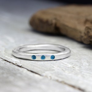 Silver ring XL 3 mm, forged, No. 29, with turquoise color dots, organic shape, stacking ring image 2