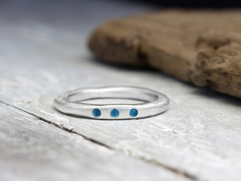 Silver ring XL 3 mm, forged, No. 29, with turquoise color dots, organic shape, stacking ring image 2