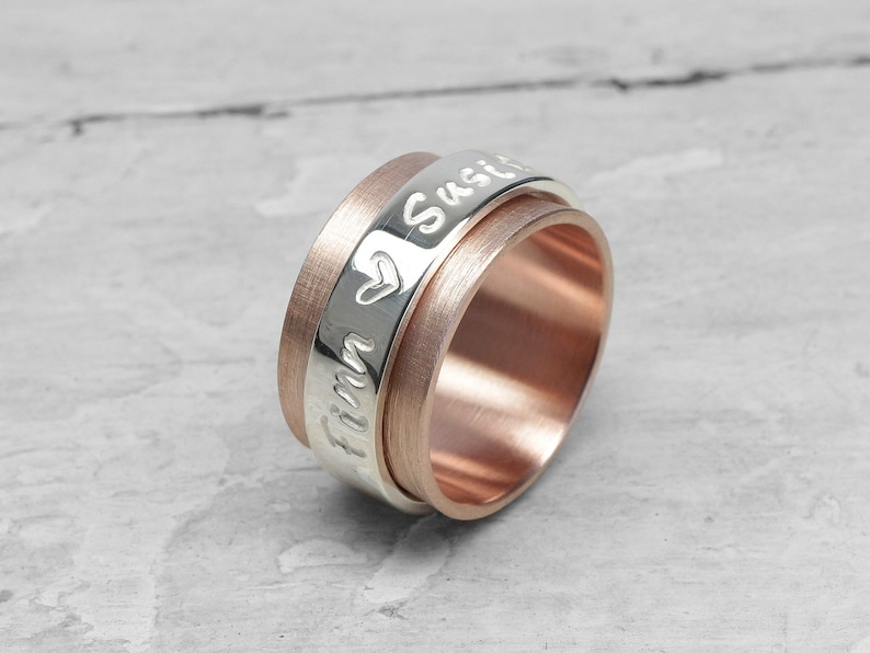 Rotating ring, game ring, family ring family ties LUXERY 333 red gold 8k with 925 silver writing band, stamped, personalized with name image 1