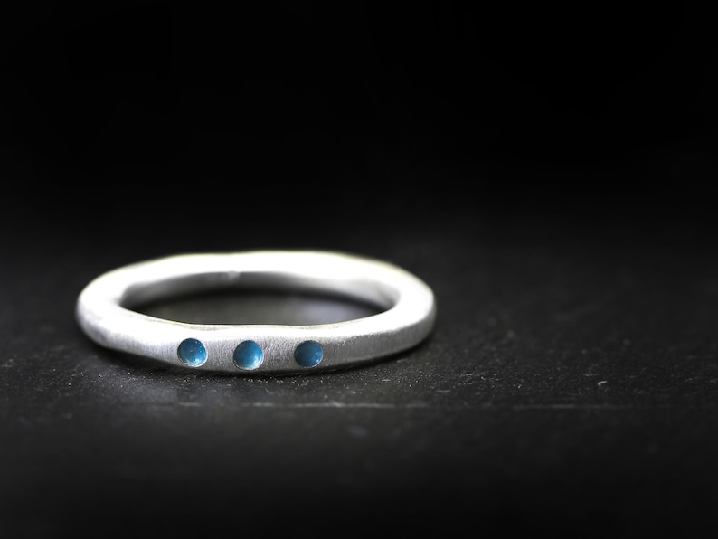 Silver ring XL 3 mm, forged, No. 29, with turquoise color dots, organic shape, stacking ring image 4