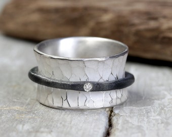 Rotating ring with diamond, game ring, silver ring, forged from 925 silver, diamond ring, ring with structure