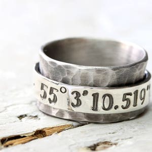 Coordinates rotating ring, 925 silver ring playing ring hand-stamped with coordinates, text, band ring with writing, vintage look