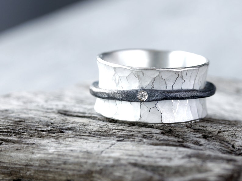 Rotating ring with diamond, game ring, silver ring, forged from 925 silver, diamond ring, ring with structure image 10