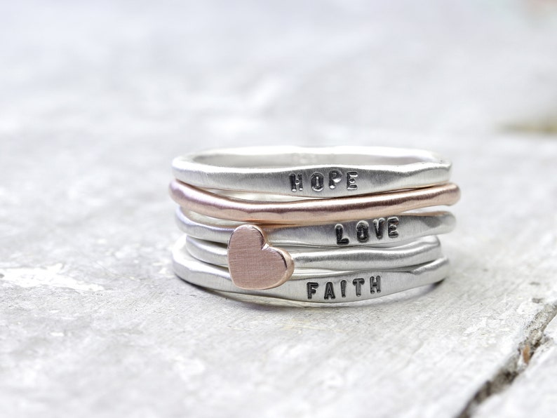 Love ring set made of 925 silver and 333 red gold, silver rings with engraving, ring with heart, stacking rings image 5