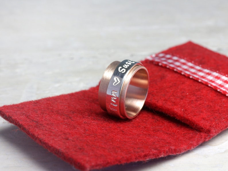 Rotating ring, game ring, family ring family ties LUXERY 333 red gold 8k with 925 silver writing band, stamped, personalized with name image 4