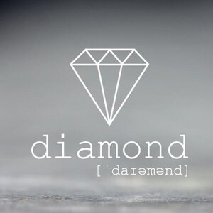 May include: A white line drawing of a diamond shape centered above the word diamond in lowercase letters, followed by the phonetic transcription ['daɪəmənd] in brackets, all set against a solid, neutral gray background.
