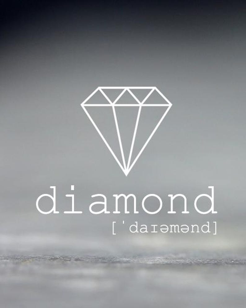 May include: A white line drawing of a diamond shape centered above the word diamond in lowercase letters, followed by the phonetic transcription ['daɪəmənd] in brackets, all set against a solid, neutral gray background.