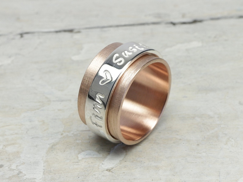 Rotating ring, game ring, family ring family ties LUXERY 333 red gold 8k with 925 silver writing band, stamped, personalized with name image 2