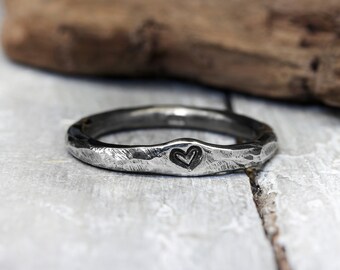 Silver ring stacking ring XL 3 mm with embossed heart No.24, heart ring, blackened