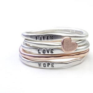 Love ring set made of 925 silver and 333 red gold, silver rings with engraving, ring with heart, stacking rings image 7