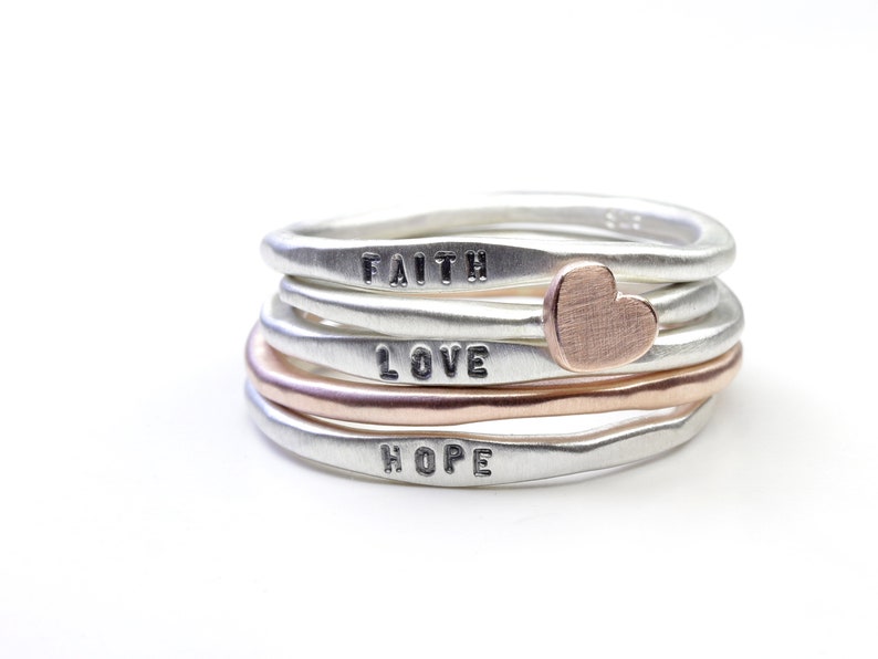 Love ring set made of 925 silver and 333 red gold, silver rings with engraving, ring with heart, stacking rings image 7