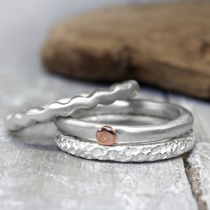 Silver ring XL 3 mm No. 23, with red gold dot, organic shape, unisex, stacking ring image 6