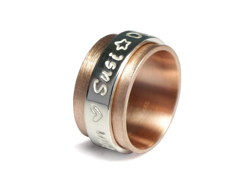 Rotating ring, game ring, family ring family ties LUXERY 333 red gold 8k with 925 silver writing band, stamped, personalized with name image 3