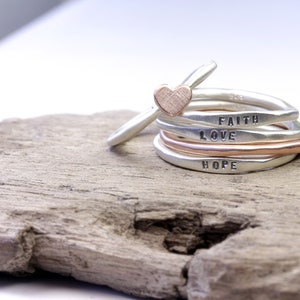 Love ring set made of 925 silver and 333 red gold, silver rings with engraving, ring with heart, stacking rings image 8