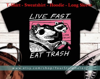 Fox Live Fast Eat Trash Tacos Vintage Funny Men's T-Shirt Retro Cotton Black Tee