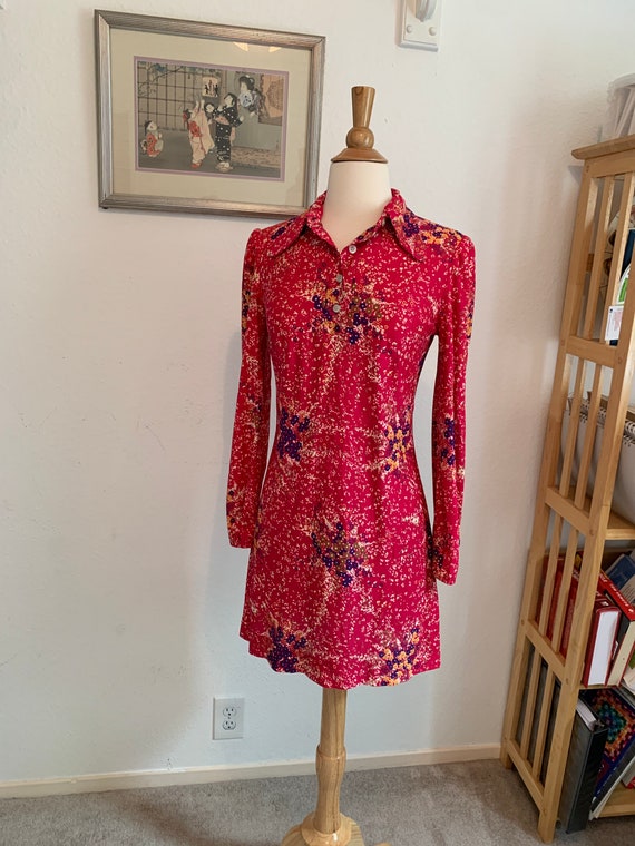 Vtg 70's Red Nylon Disco Dress, Red Floral Print N