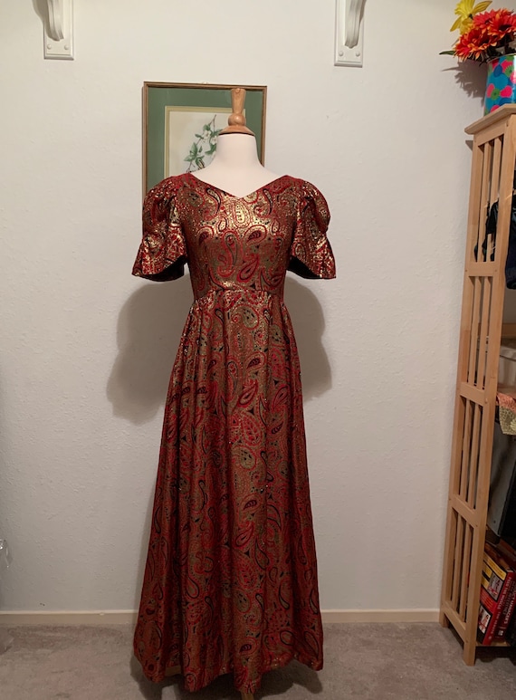 Vtg 80's Gold and Red Brocade Princess Dress; Gold