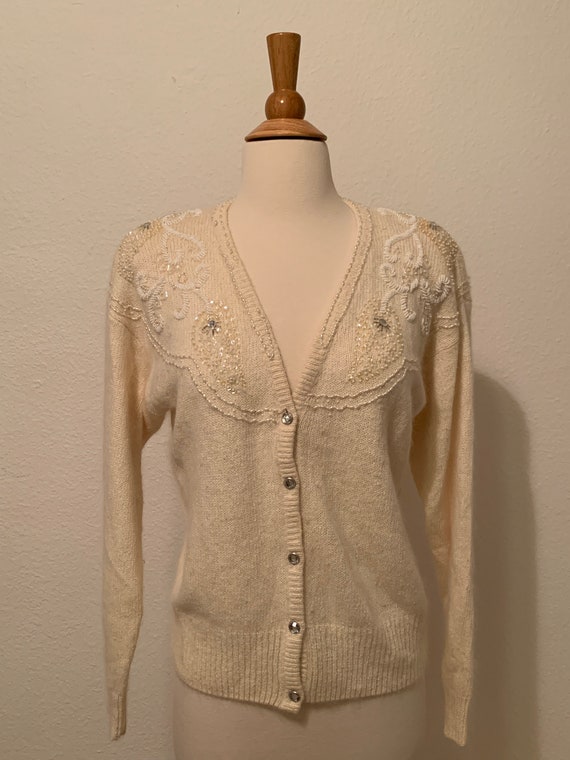 Vtg 90's Angora Blend Beaded Cream Cardigan, Vinta