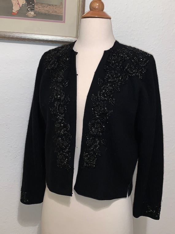 Vtg 50's Black Beaded Cardigan Size Small
