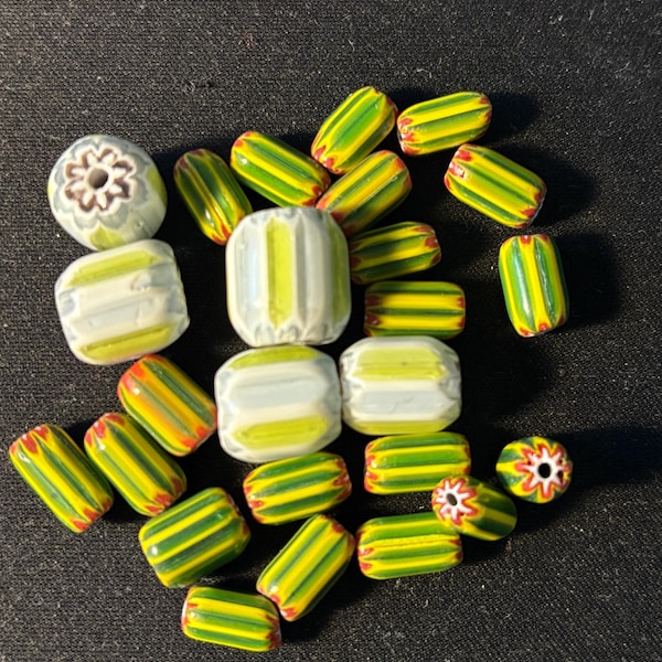 25 Chevrons glass beads -10+15mm (E1020) - striped yellow and green