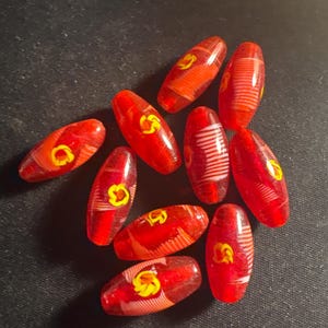 10 glass beads - Matched Oval fancy red ruby transparent with yellow stripes dot  25mm - (E104)