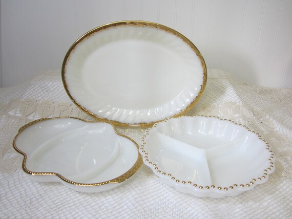 Three Vintage White Milk Glass Divided Bowl Relish Dish Platter Gold Trim Fire King