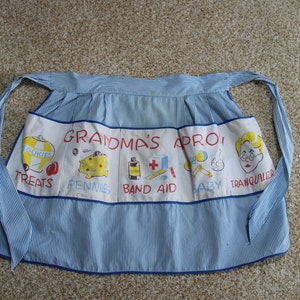 Vintage Grandmother Half Apron with Large 5 Decorated Pockets - Gramdma's Treats, Pennies, Band-Aid, Baby, Tranquilizer