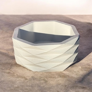 May include: A white, geometric planter with a textured, diamond-patterned exterior. The planter has a hexagonal shape and a gray rim. The interior is also white. This decorative container is suitable for small plants or succulents.
