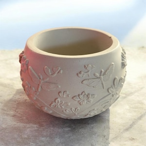 Hand-poured Cement Planter, Dragonfly Butterfly Flower Design, 4" Diameter