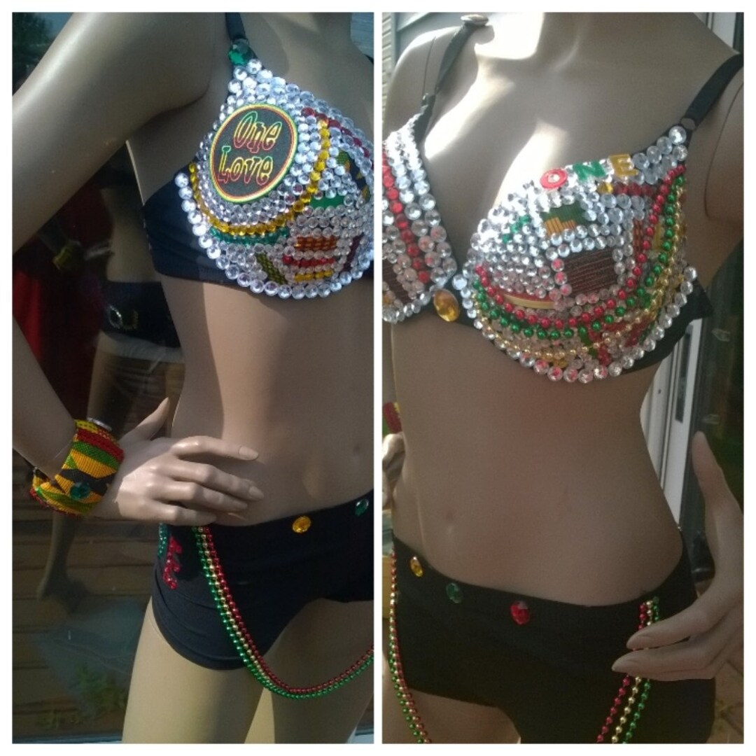 Rhinestone Bra Jamaican Theme One Love Matching Shorts and Bangle Bracelet  Rasta Colors 