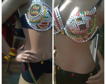 Rhinestone Bra Jamaican theme One love matching shorts and bangle bracelet Rasta colors