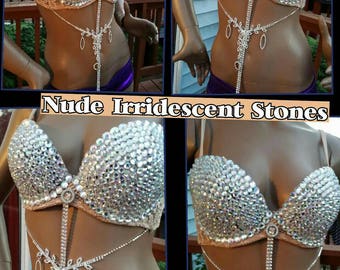 Custom Listing for Rave bra Rhinestone bra with center chain and irridescent stones 2015 design