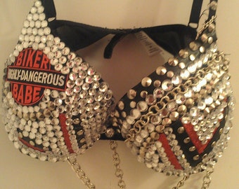 Rhinestone Bra Biker Babe theme studded chained custom made to order cup DD and above add on with sound option