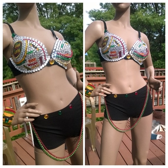 Rhinestone Bra Jamaican Theme One Love Matching Shorts and Bangle Bracelet  Rasta Colors 